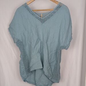 XCVI Women's Blue Linen Top Short Sleeve Coastal